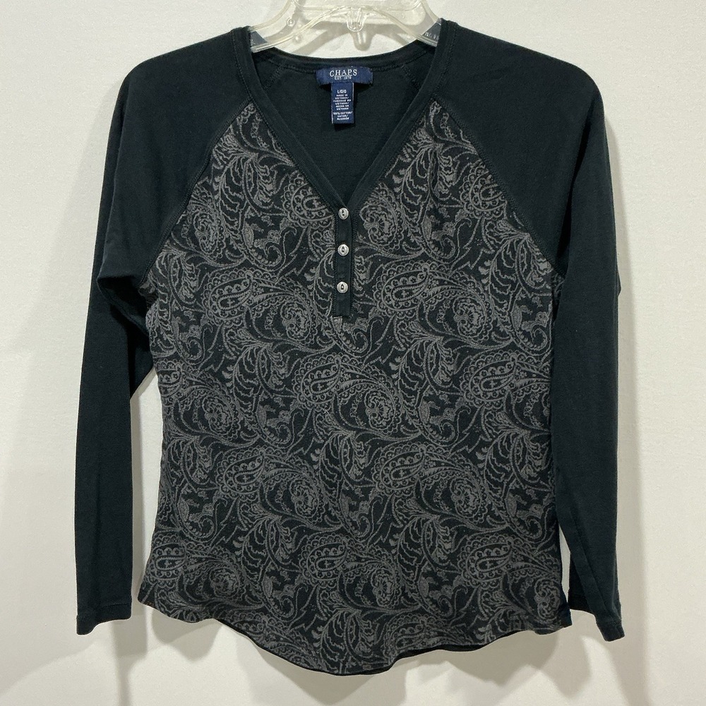 Ralph Lauren Chaps Womens Large Henley Knit Sweater Black Paisley Raglan